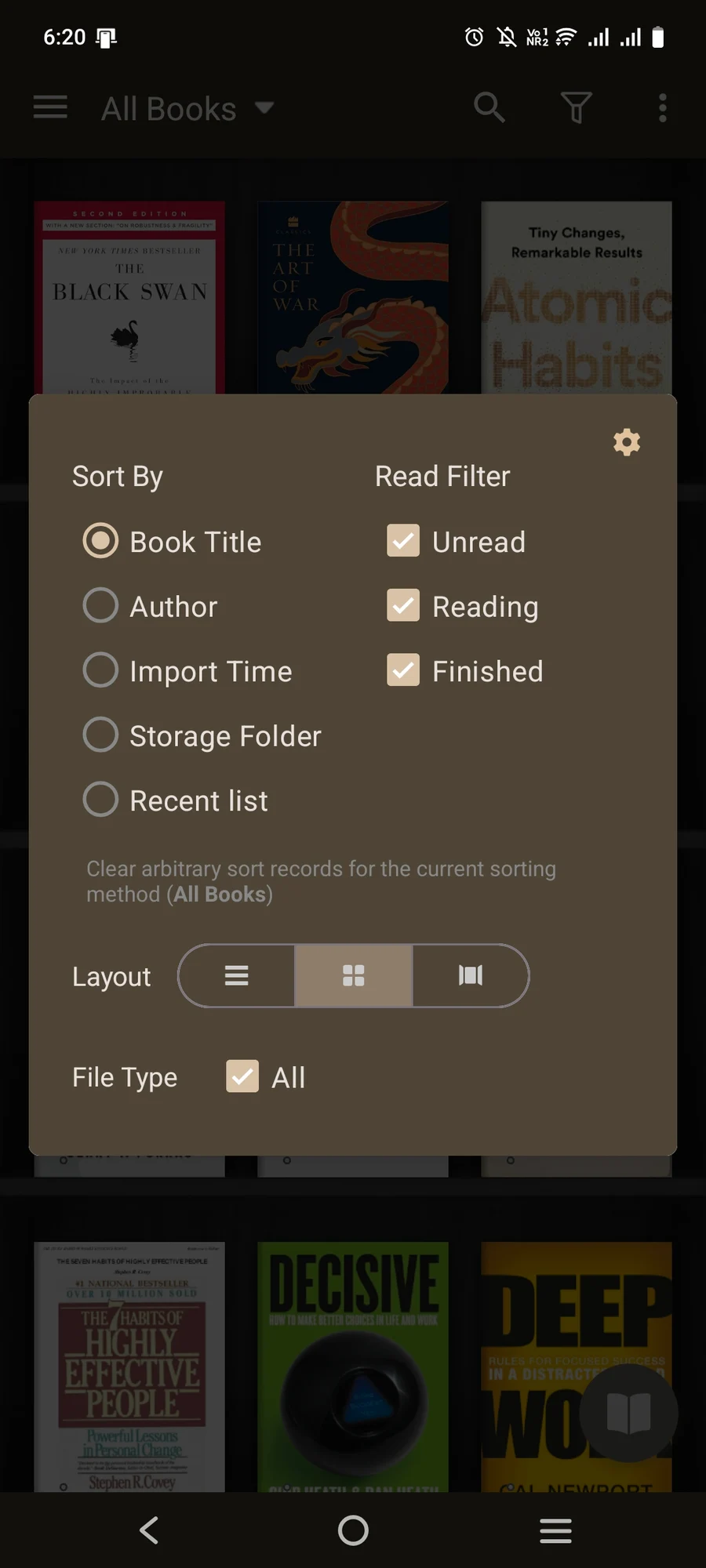 Original sort menu with title, author and import time options, plus Unread, Reading and Finished filters.